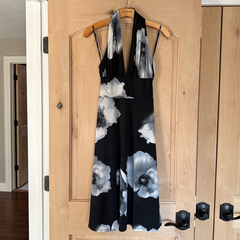 Bebe Black and White Floral Pattern Halter Dress - Vintage Y2K